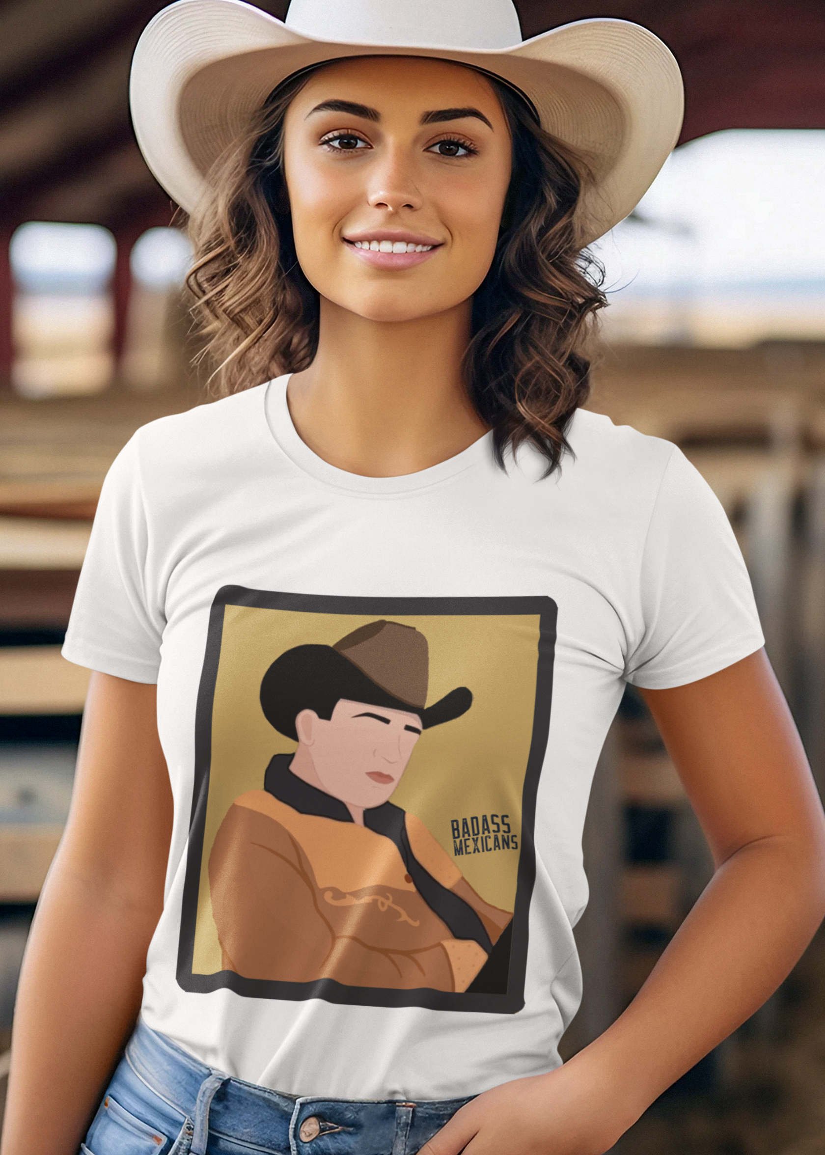 faceless regional mexicano inspired t-shirt with cowboy hat and golden jacket illustration, old-school banda style graphic white tee for women
