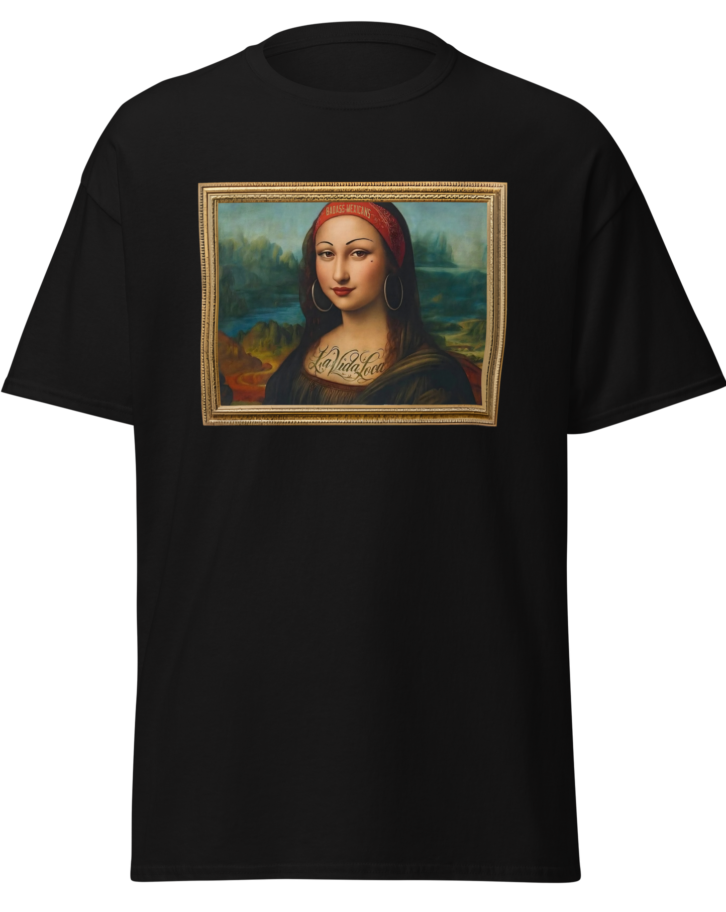 A black unisex t-shirt, featuring a parody artwork inspired by the Mona Lisa portrayed with a chola aesthetic, including hoop earrings, a headband, and visible tattoos, framed like a classical painting.