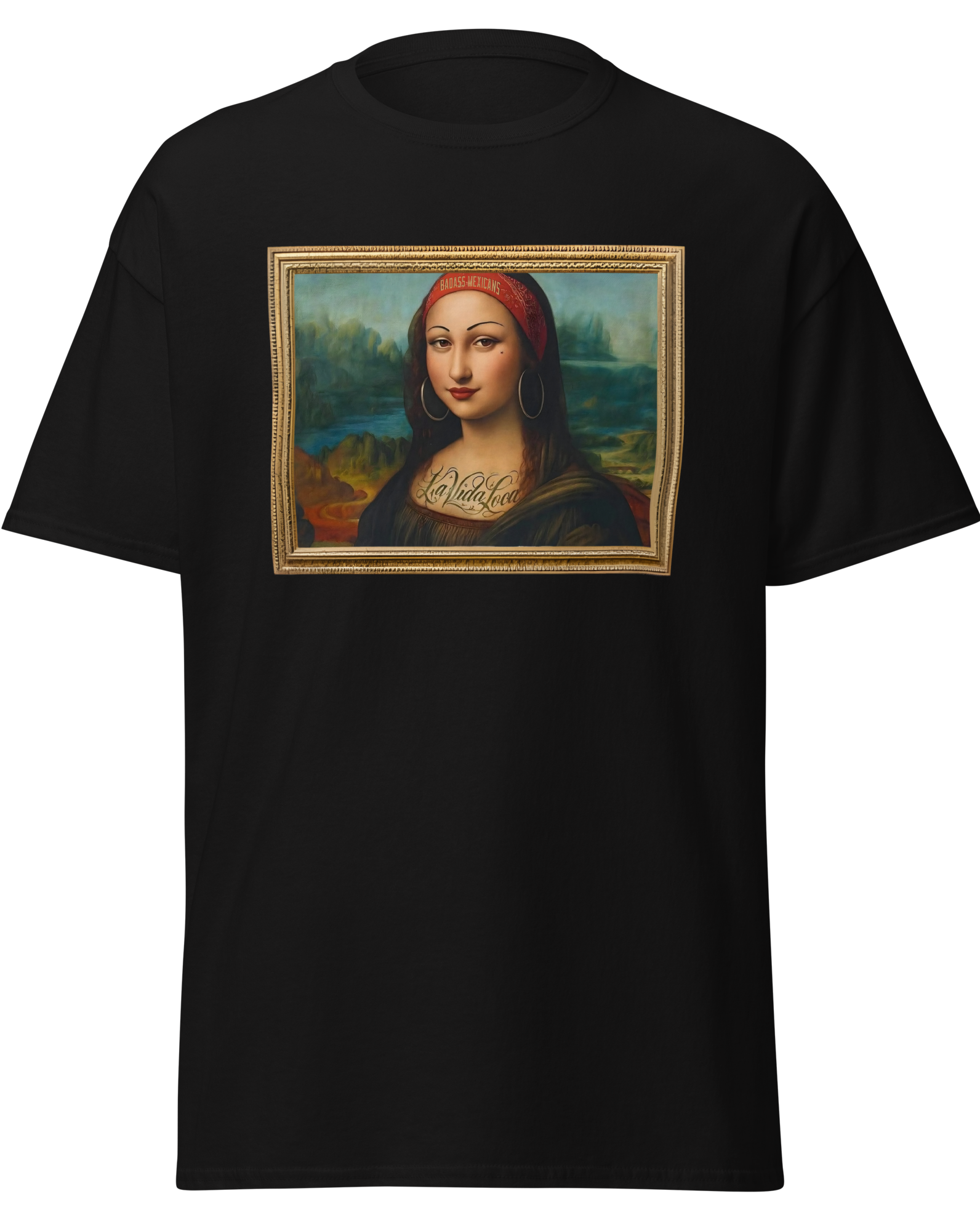 A black unisex t-shirt, featuring a parody artwork inspired by the Mona Lisa portrayed with a chola aesthetic, including hoop earrings, a headband, and visible tattoos, framed like a classical painting.
