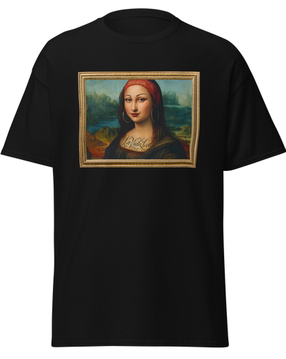 A black unisex t-shirt, featuring a parody artwork inspired by the Mona Lisa portrayed with a chola aesthetic, including hoop earrings, a headband, and visible tattoos, framed like a classical painting.