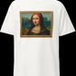 White unisex t-shirt, featuring a parody artwork inspired by the Mona Lisa portrayed with a chola aesthetic, including hoop earrings, a headband, and visible tattoos, framed like a classical painting.