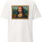 a white unisex t-shirt, featuring a parody artwork inspired by the Mona Lisa portrayed with a chola aesthetic, including hoop earrings, a headband, and visible tattoos, framed like a classical painting.