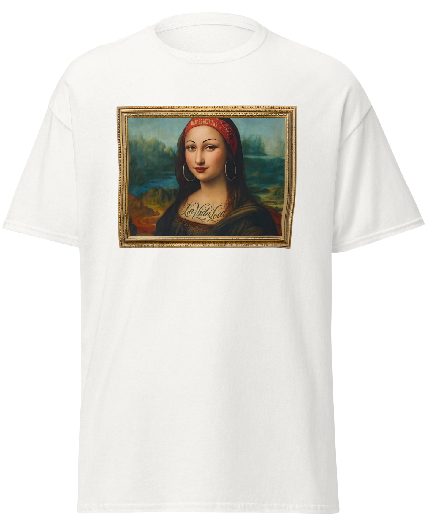 a white unisex t-shirt, featuring a parody artwork inspired by the Mona Lisa portrayed with a chola aesthetic, including hoop earrings, a headband, and visible tattoos, framed like a classical painting.