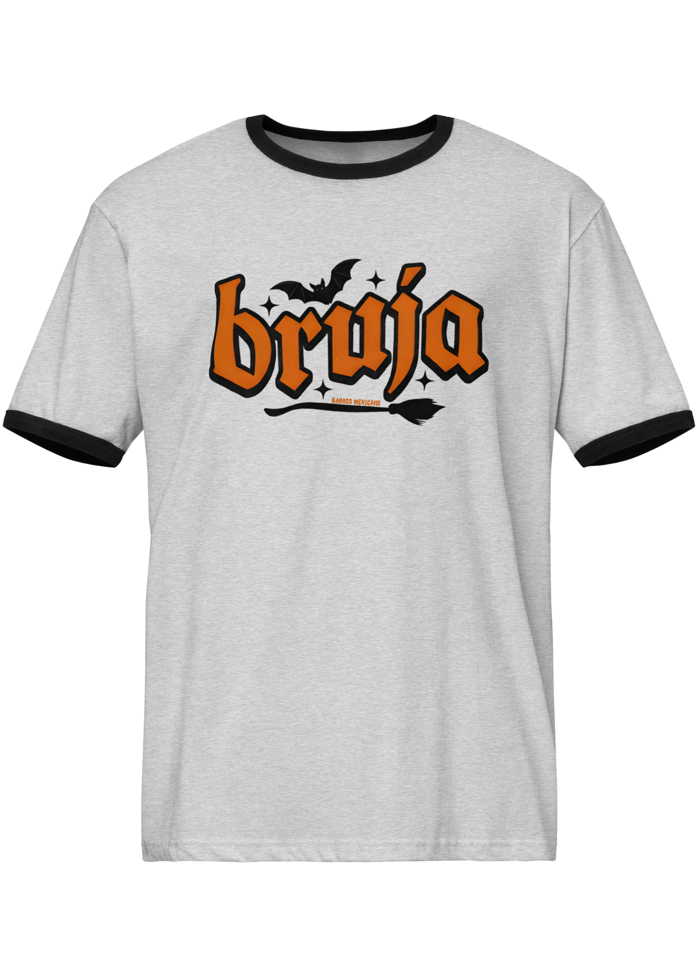 Grey ringer t-shirt with black collar and cuffs featuring the word "BRUJA" in bold orange font with a bat and broomstick graphic.