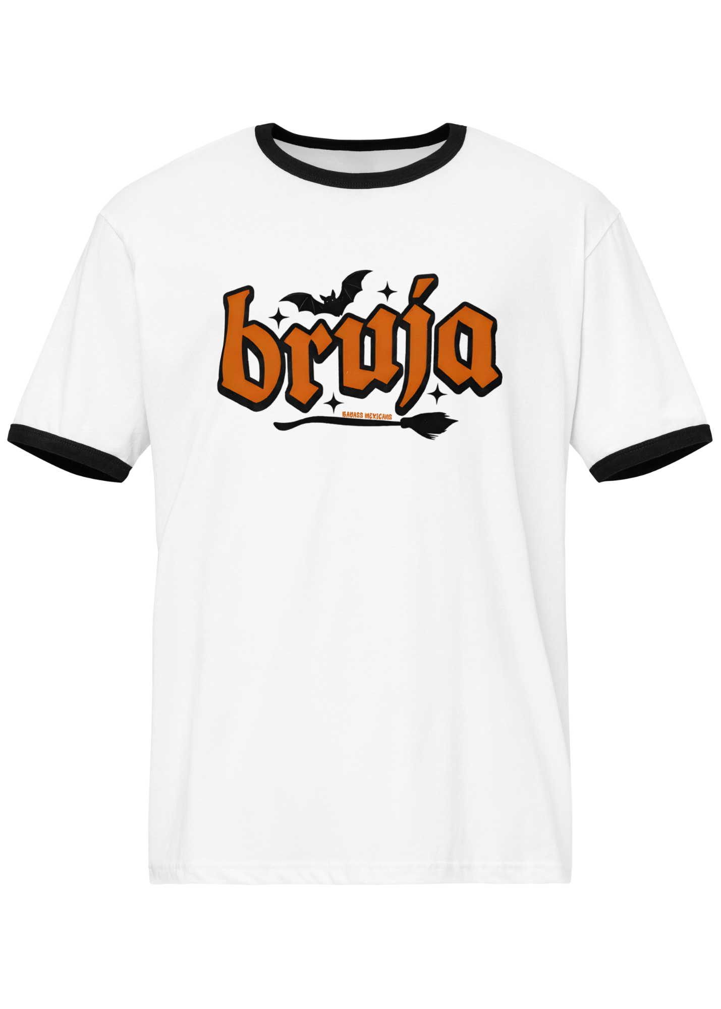 White ringer t-shirt with black collar and cuffs featuring the word "BRUJA" in bold orange font with a bat and broomstick graphic.