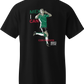 black futbol fan t-shirt with mexico crest on front and mex i can con huevos graphic on back for world cup 2026 