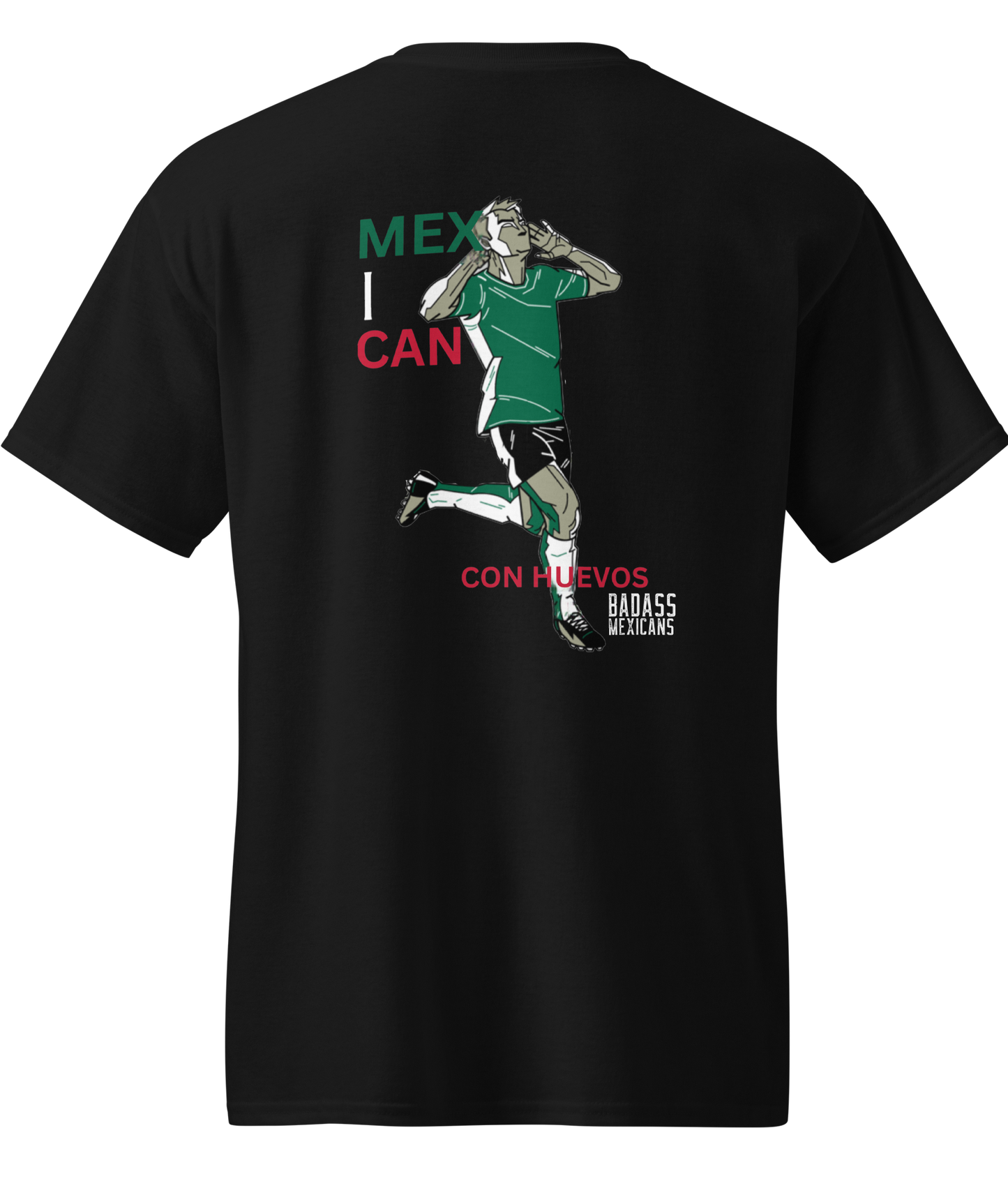 black futbol fan t-shirt with mexico crest on front and mex i can con huevos graphic on back for world cup 2026 