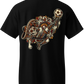 black front and back graphic t-shirt with small badass mexicans logo on front and detailed mexican calavera kicking a futbol ball on the back