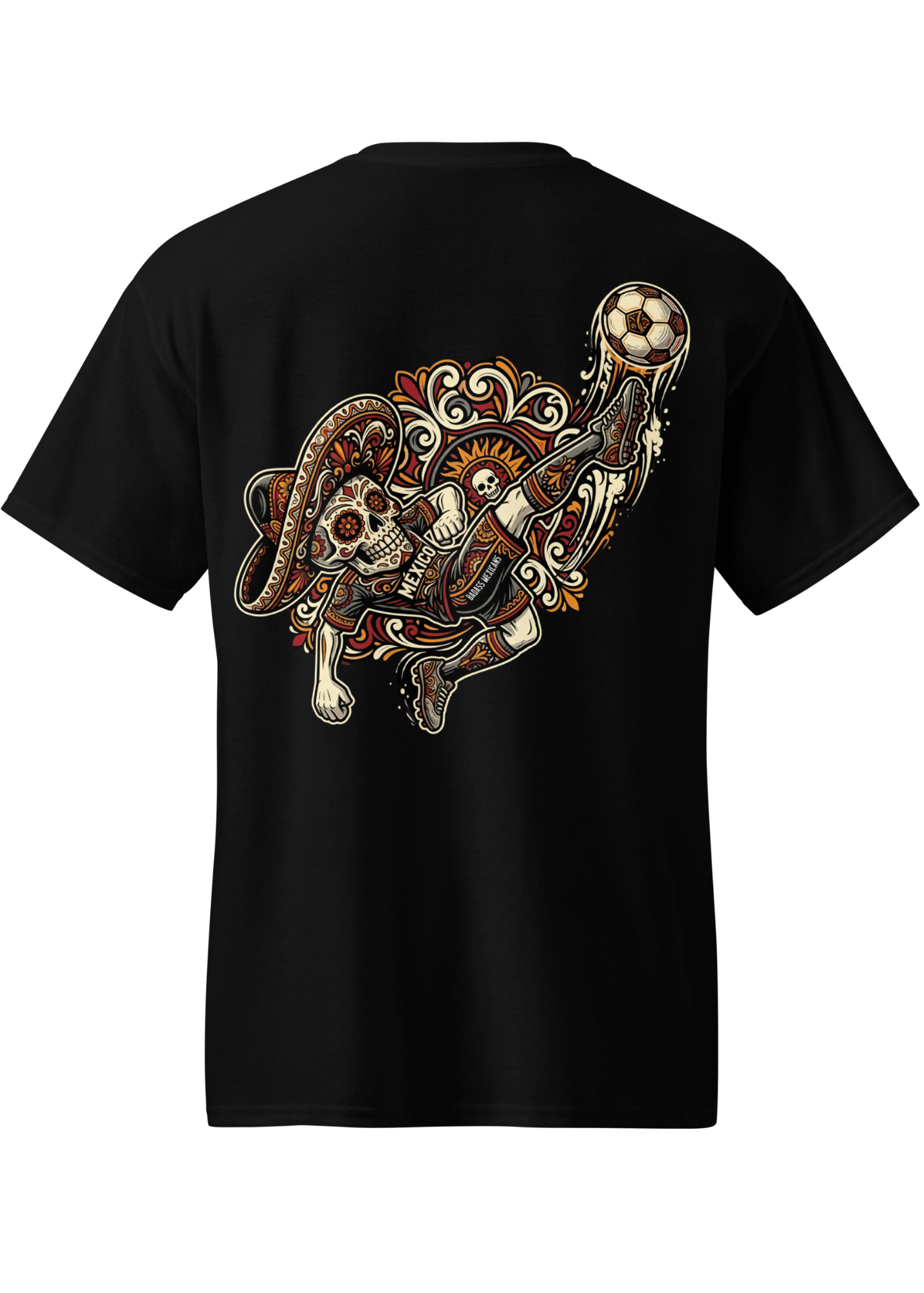 black front and back graphic t-shirt with small badass mexicans logo on front and detailed mexican calavera kicking a futbol ball on the back