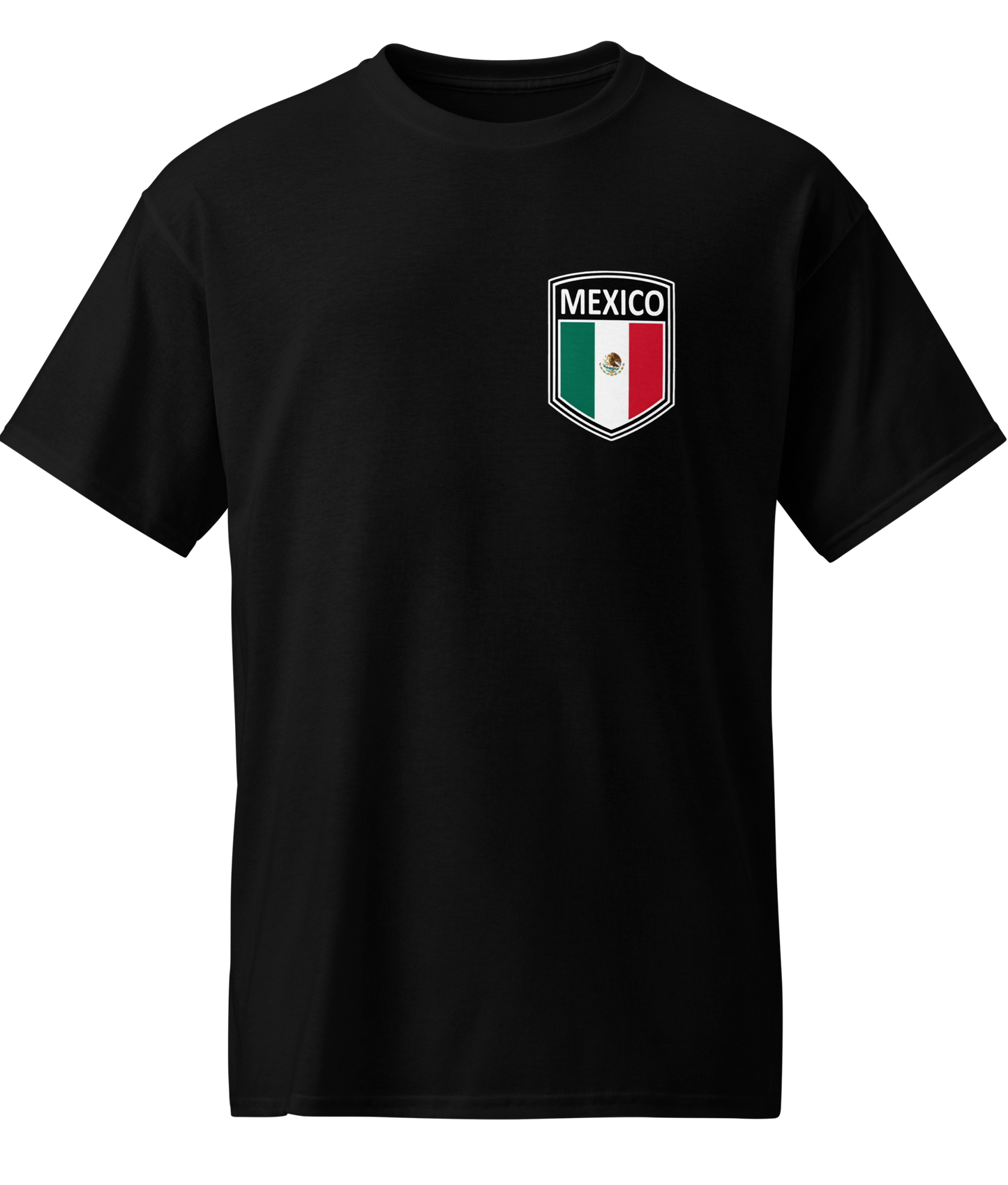 black futbol fan t-shirt with mexico crest on front and mex i can con huevos graphic on back for world cup 2026 