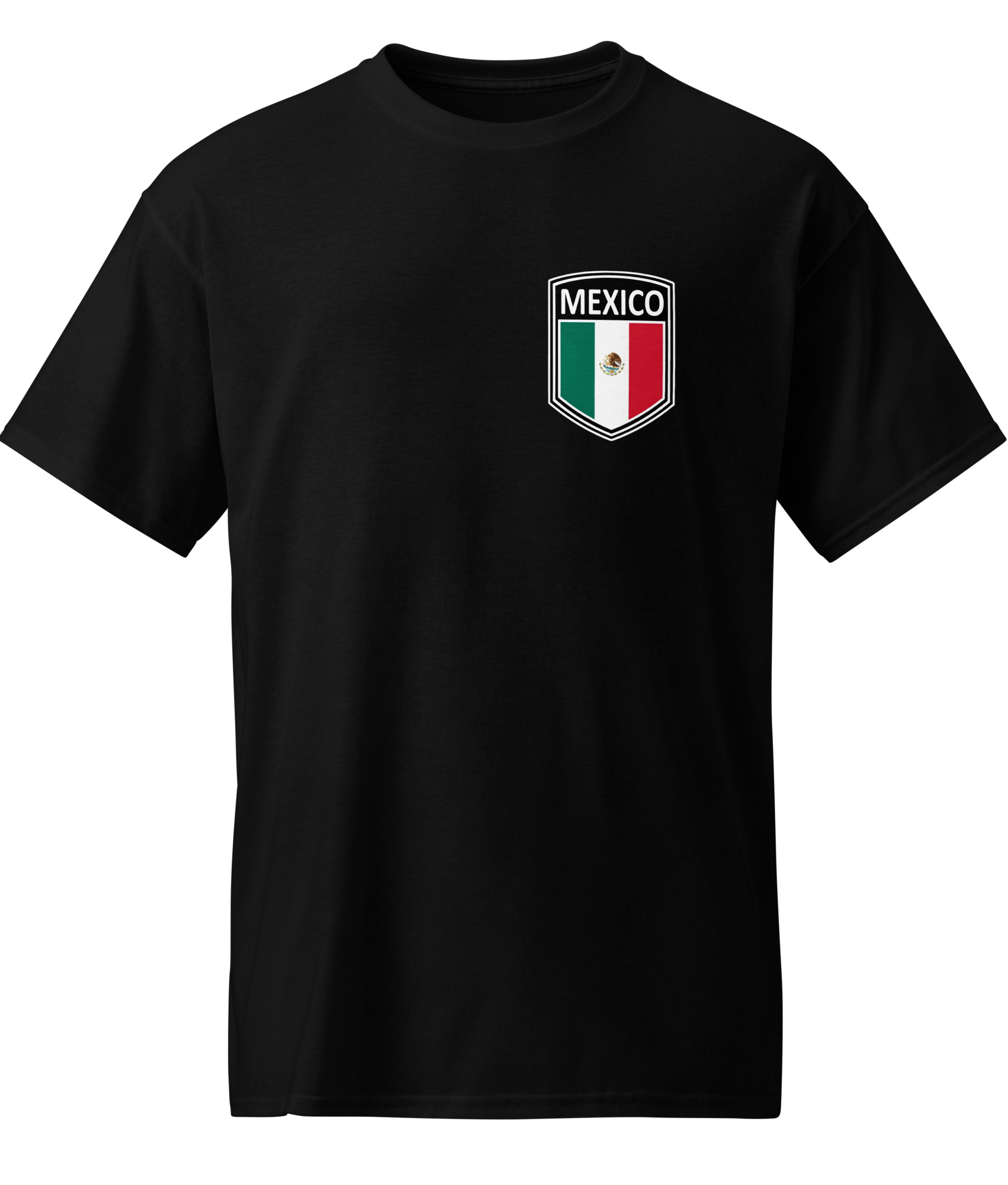 black futbol fan t-shirt with mexico crest on front and mex i can con huevos graphic on back for world cup 2026 