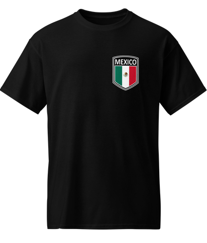 black futbol fan t-shirt with mexico crest on front and mex i can con huevos graphic on back for world cup 2026 