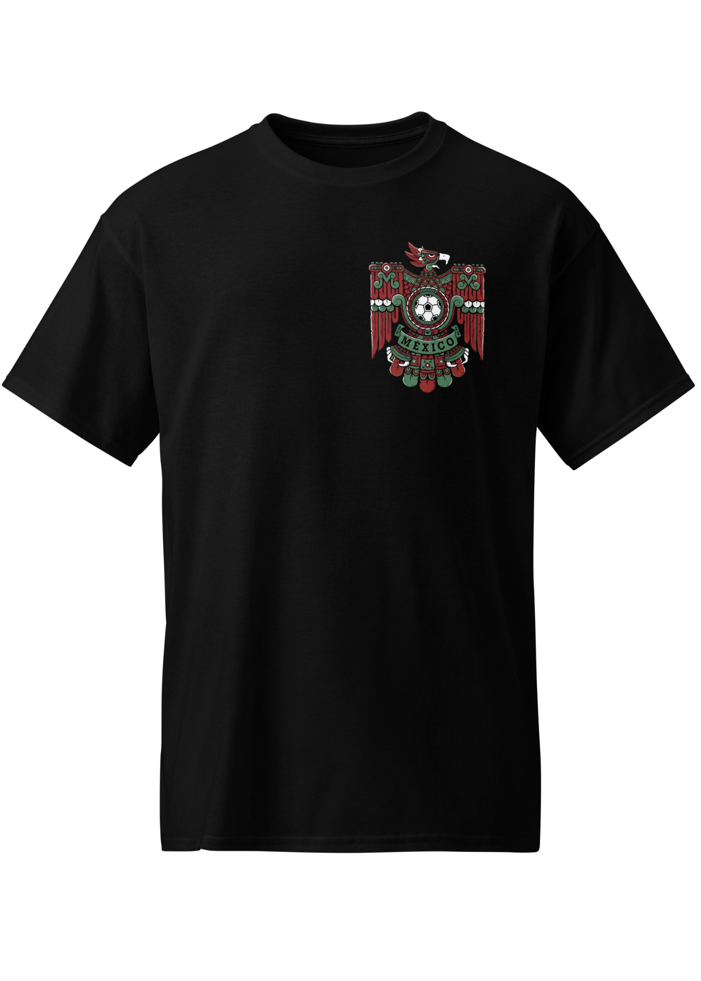 black front and back graphic t-shirt with mexica eagle inspired mexico futbol crest on front and oversized matching design on back