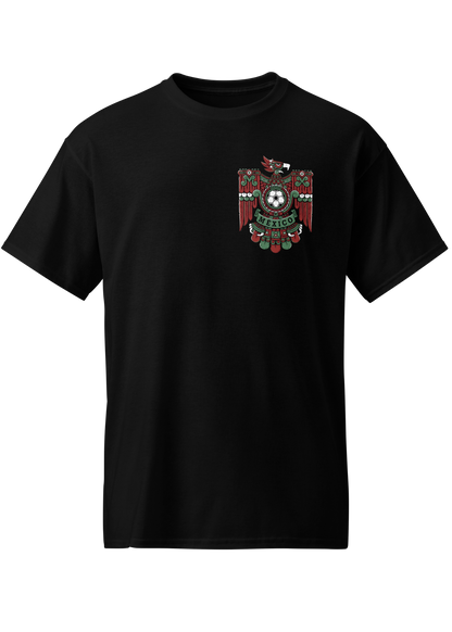 black front and back graphic t-shirt with mexica eagle inspired mexico futbol crest on front and oversized matching design on back