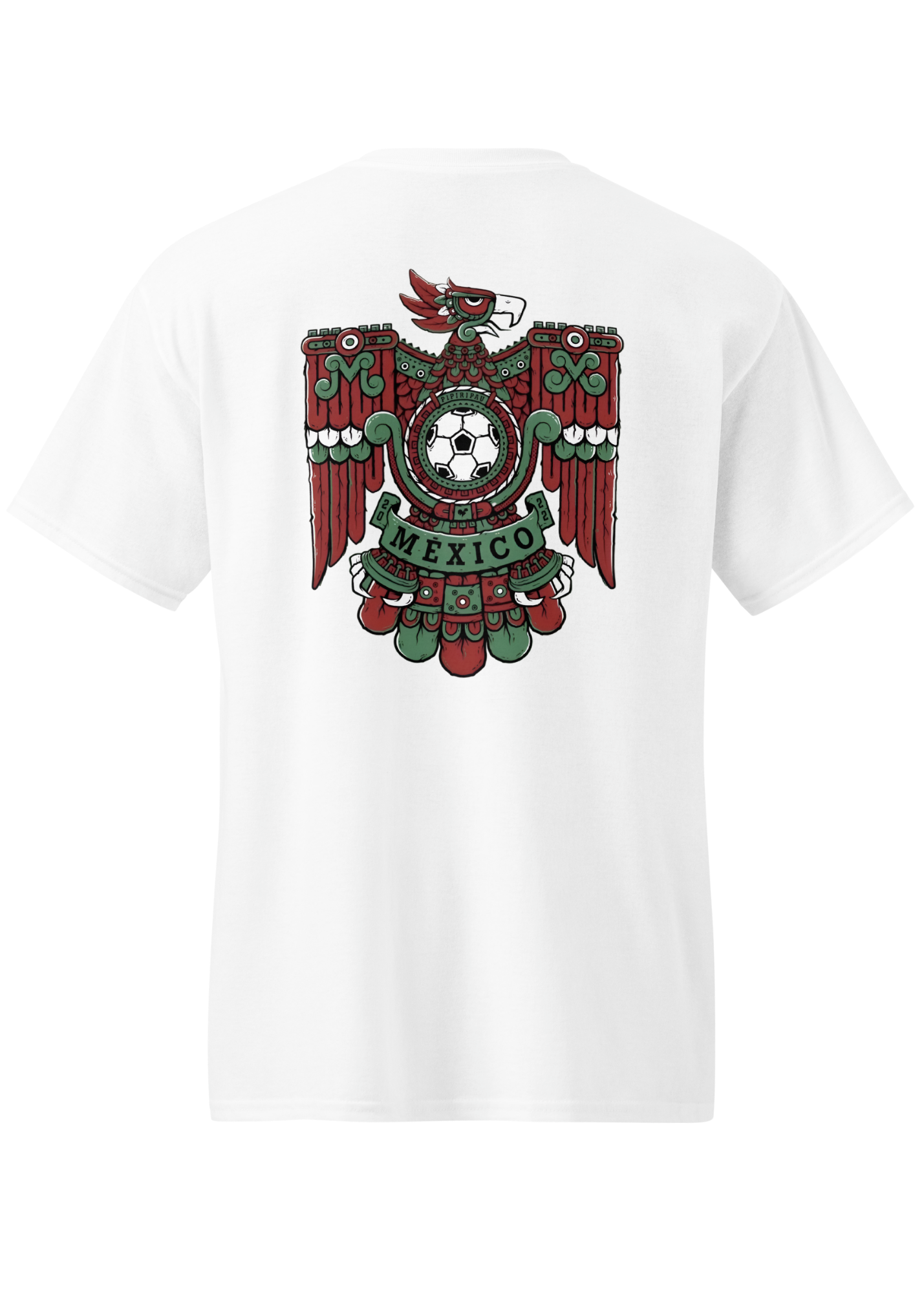 White front and back graphic t-shirt with mexica eagle inspired mexico futbol crest on front and oversized matching design on back