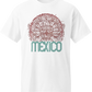 white graphic t-shirt with front print quetzalcoatl inspired mexican design and retro mexico typography