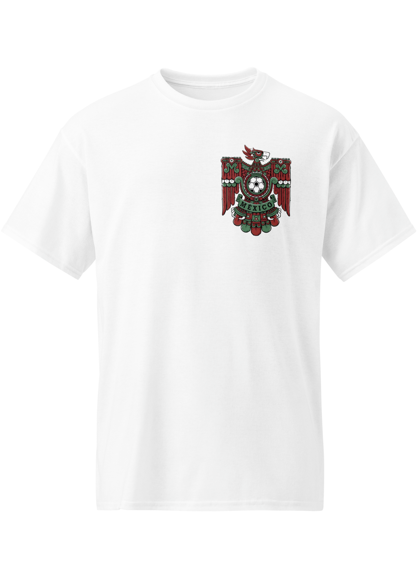 White front and back graphic t-shirt with mexica eagle inspired mexico futbol crest on front and oversized matching design on back