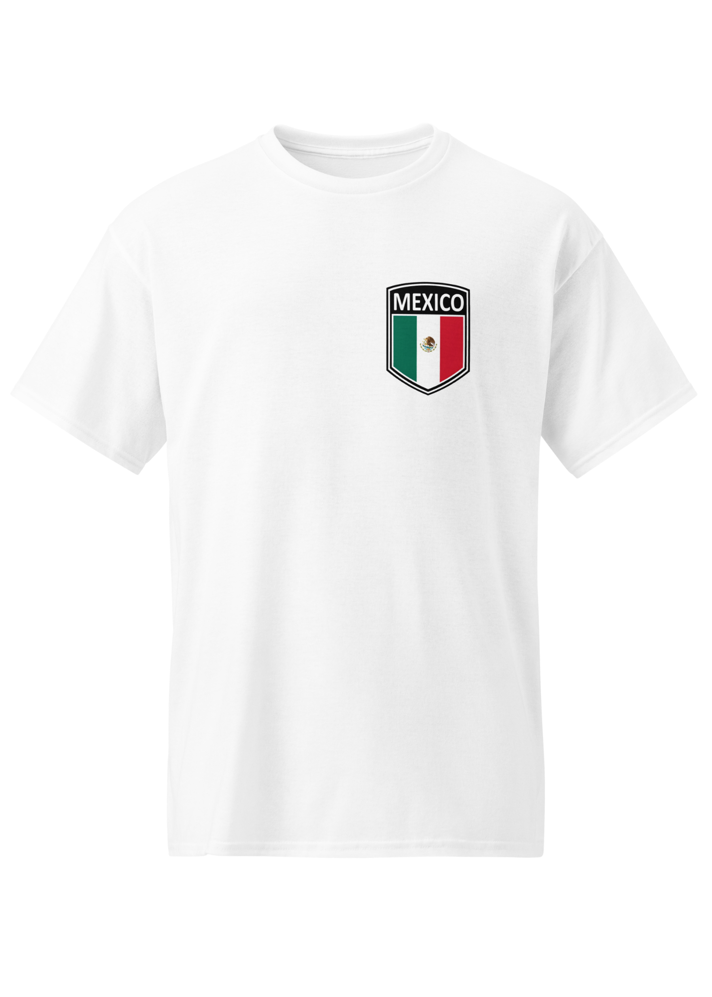 White futbol fan t-shirt with mexico crest on front