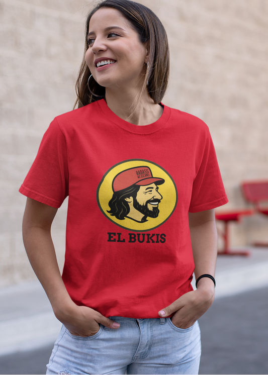 A caricature image of Mexican singer "El Buki," replacing the traditional beaver character on a stylized logo for a gas station.  all printed on a casual, short-sleeved t-shirt. The overall style is a fun, graphic illustration parody.