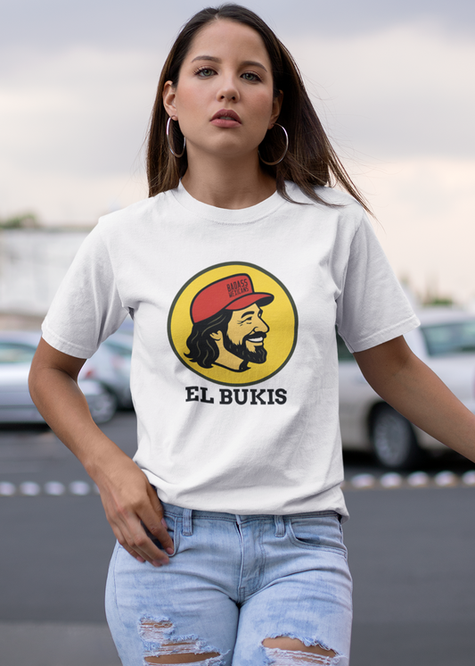 A caricature image of Mexican singer "El Buki," replacing the traditional beaver character on a stylized logo for a gas station.  all printed on a casual, short-sleeved t-shirt. The overall style is a fun, graphic illustration parody.