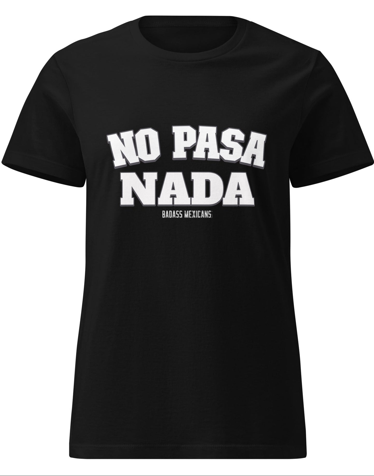 a black t-shirt with the phrase “No Pasa Nada” printed in bold white letters, seated in an arcade environment with colorful lights in the background.