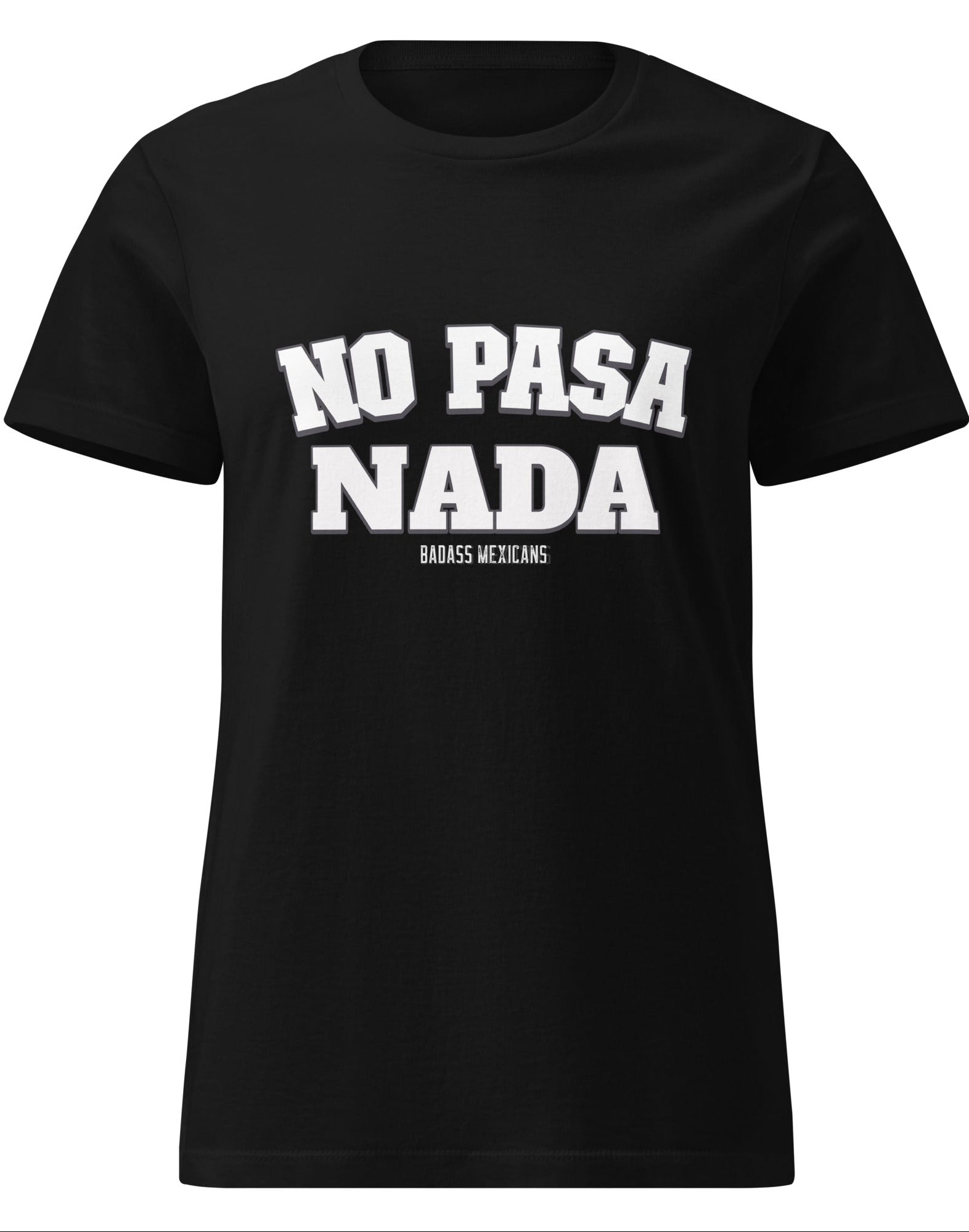 a black t-shirt with the phrase “No Pasa Nada” printed in bold white letters, seated in an arcade environment with colorful lights in the background.