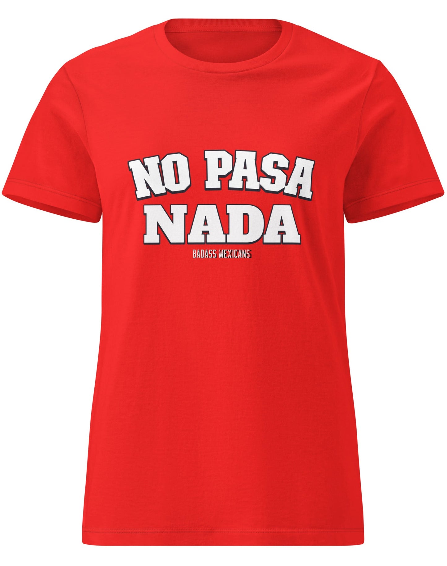 a red t-shirt with the phrase “No Pasa Nada” printed in bold white letters, seated in an arcade environment with colorful lights in the background.