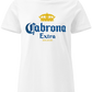 A women white t-shirt featuring the phrase “Cabrona Extra” in bold blue lettering with a gold crown above, inspired by a classic beer-style typography.